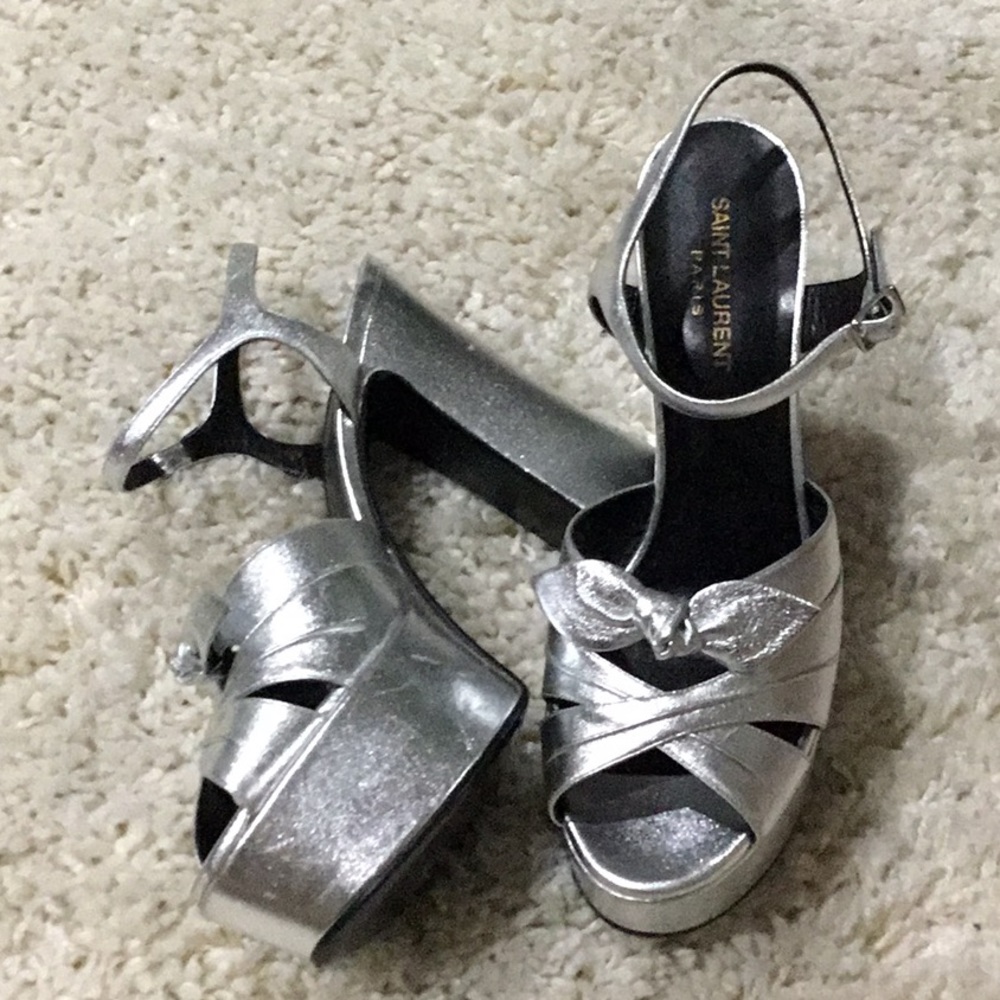 YSL silver metallic platforms with bow size 39